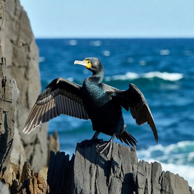 Cormorant spreading wings on rocky ocean cliff