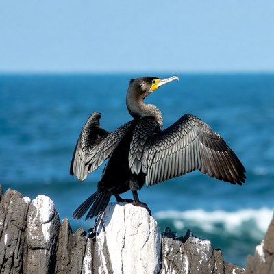 Double-crested cormorant spreading wings on rocks