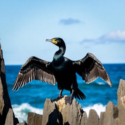Cormorant spreading wings on rocks