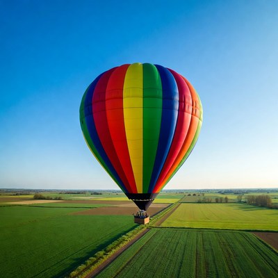 Colorful hot air balloon over fields