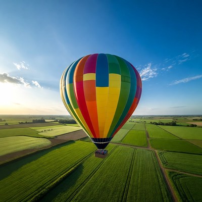 Colorful hot air balloon over green fields