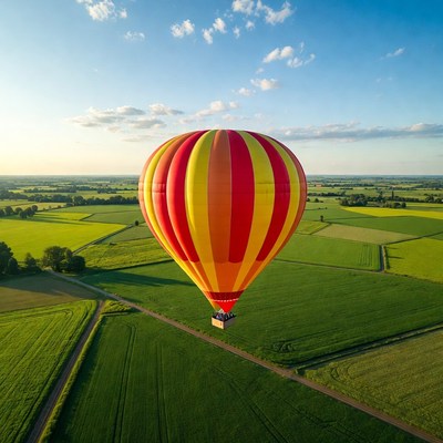 Colorful hot air balloon over green fields