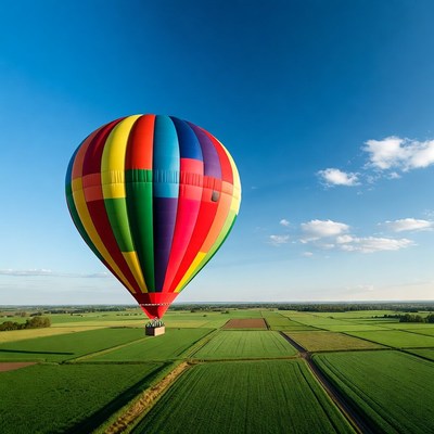 Colorful hot air balloon over green fields