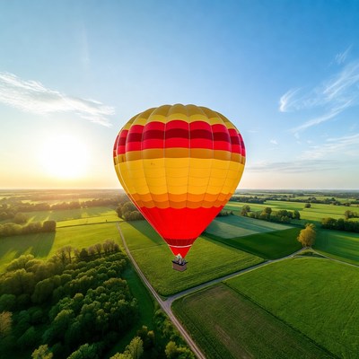 Hot air balloon over green fields