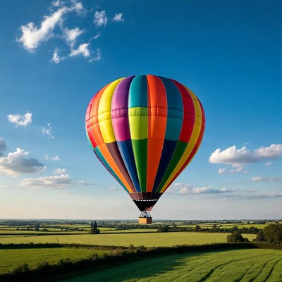 Colorful hot air balloon over green fields