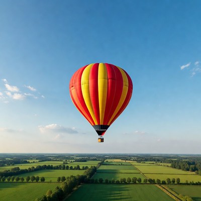 Red striped hot air balloon over fields
