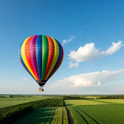 Colorful hot air balloon over fields