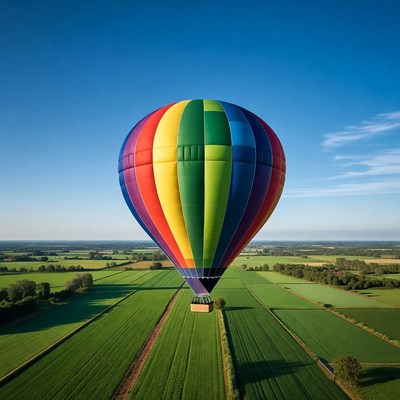 Colorful hot air balloon over green fields