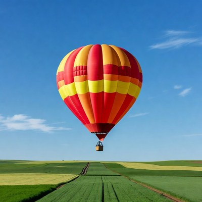 Colorful hot air balloon over fields