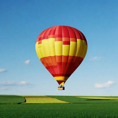 Red Yellow Hot Air Balloon Over Fields