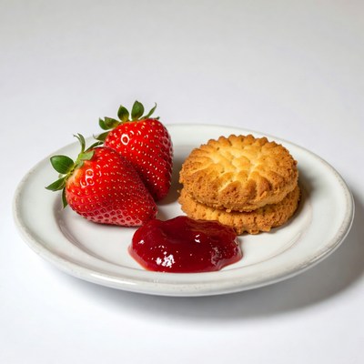 Strawberries, Jam, and Cookies on Plate