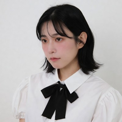 Asian woman in white blouse black bow