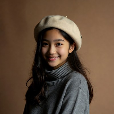Asian girl wearing beige beret