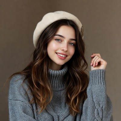 Woman in beige beret and turtleneck
