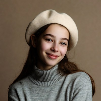 Teen girl smiling in beret and turtleneck