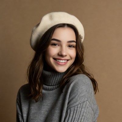 Smiling woman in beret and turtleneck
