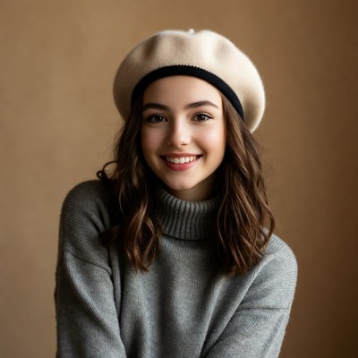 Smiling woman in beige beret