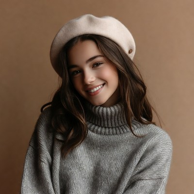 Girl smiling in beige beret and turtleneck