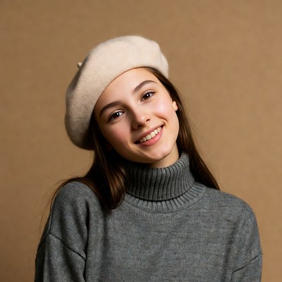 Smiling girl in beret and turtleneck
