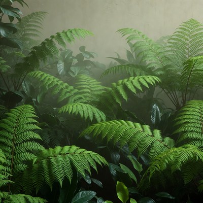 Lush Ferns in Misty Green Background