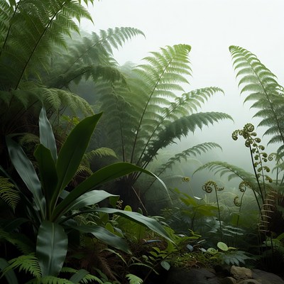 Lush Fern Jungle in Misty Fog