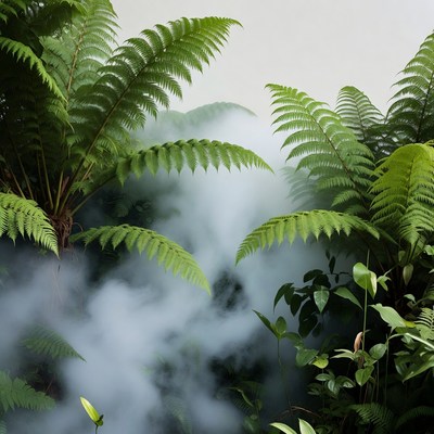 Lush Ferns in Misty Fog