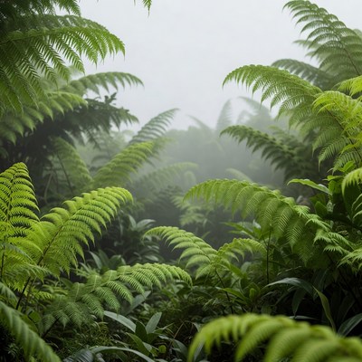 Lush Ferns in Misty Jungle