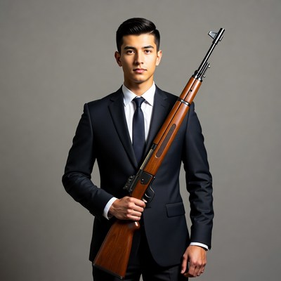 Asian man in suit holding rifle