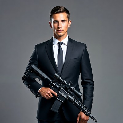 Man in suit holding rifle