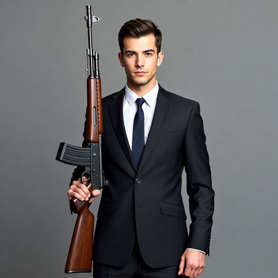 Man in suit holding AK-47