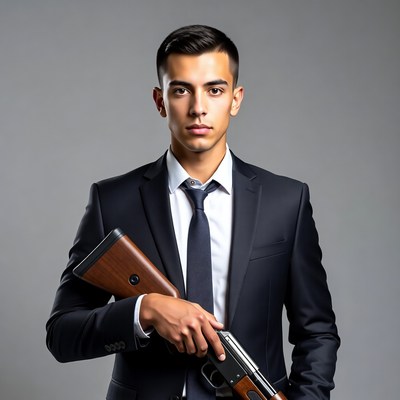 Young man in suit holding shotgun