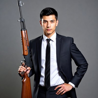 Asian man in suit holding AK-47
