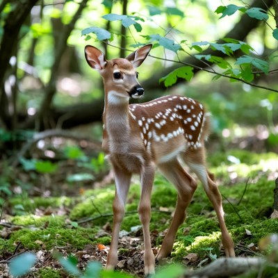Baby fawn in green forest