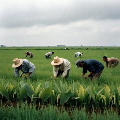 Asian farmers harvesting rice field