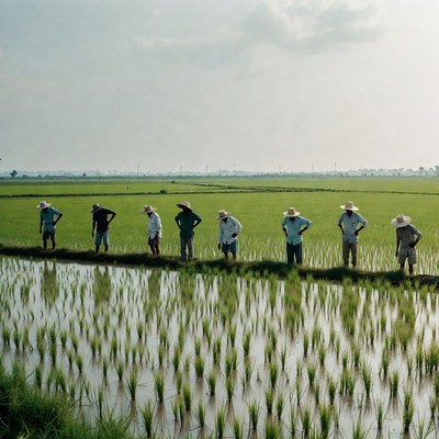 Farmers standing in rice paddy field