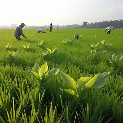 Farmers transplanting rice seedlings in field