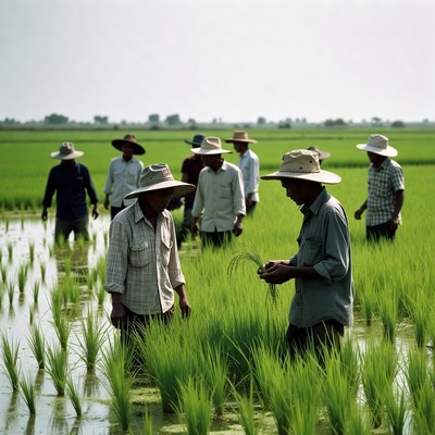 Asian farmers inspecting rice seedlings