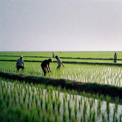 Asian farmers working rice fields