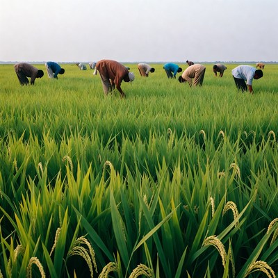 Farmers Harvesting Rice in Paddy Field