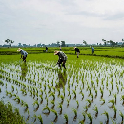 Asian farmers working in rice paddy