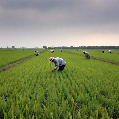 Asian farmers working rice fields