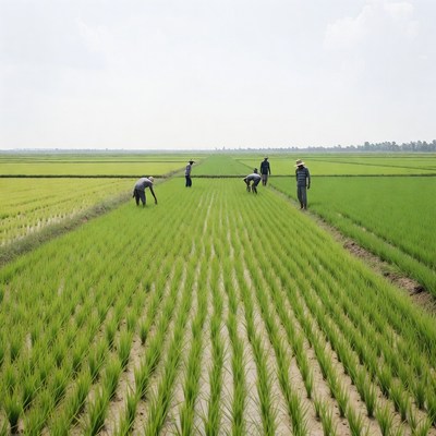 Farmers Working in Rice Paddy Field