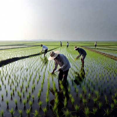 Asian farmers transplanting rice seedlings