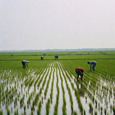 Farmers transplanting rice seedlings in field