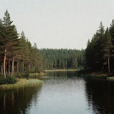Pine Forest Surrounding Calm River