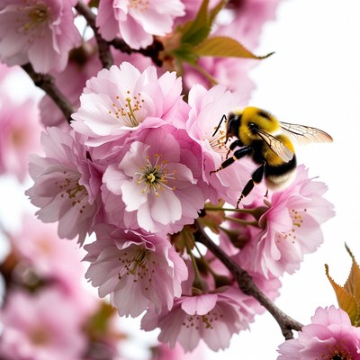 Bumblebee on pink cherry blossoms
