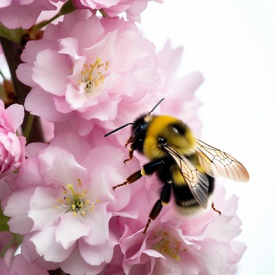 Bumblebee on pink cherry blossoms