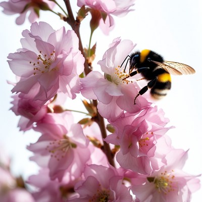 Bumblebee on pink cherry blossoms