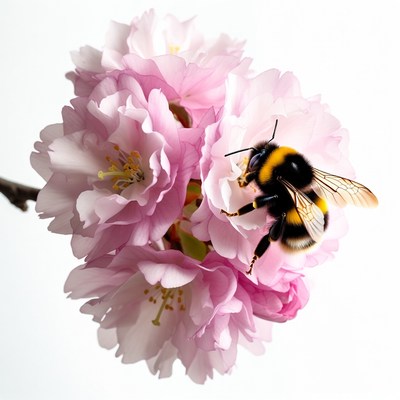 Bumblebee on pink cherry blossoms
