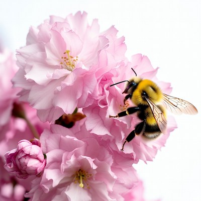 Bumblebee on pink cherry blossoms